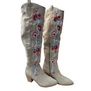 Carlos Santana Alexia Women's Size 10M Tan Suede Embroidered Over the Knee Boots